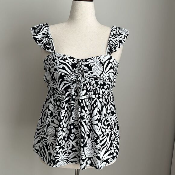 NWT Ann Taylor Loft Black/White Pineapple Flutter Ruffle sleeveless Top Size M - Picture 3 of 11